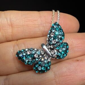 JCM Thailand Silver-Tone Brass & Teal Crystal Butterfly Necklace